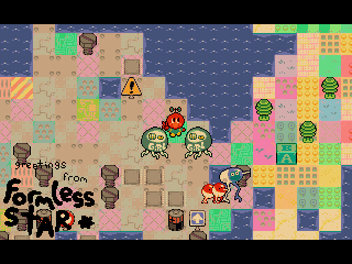 Screenshot from Formless Star showing the protagonist Anemo (a tomato person) making a peace sign between two round figures with girl written on them